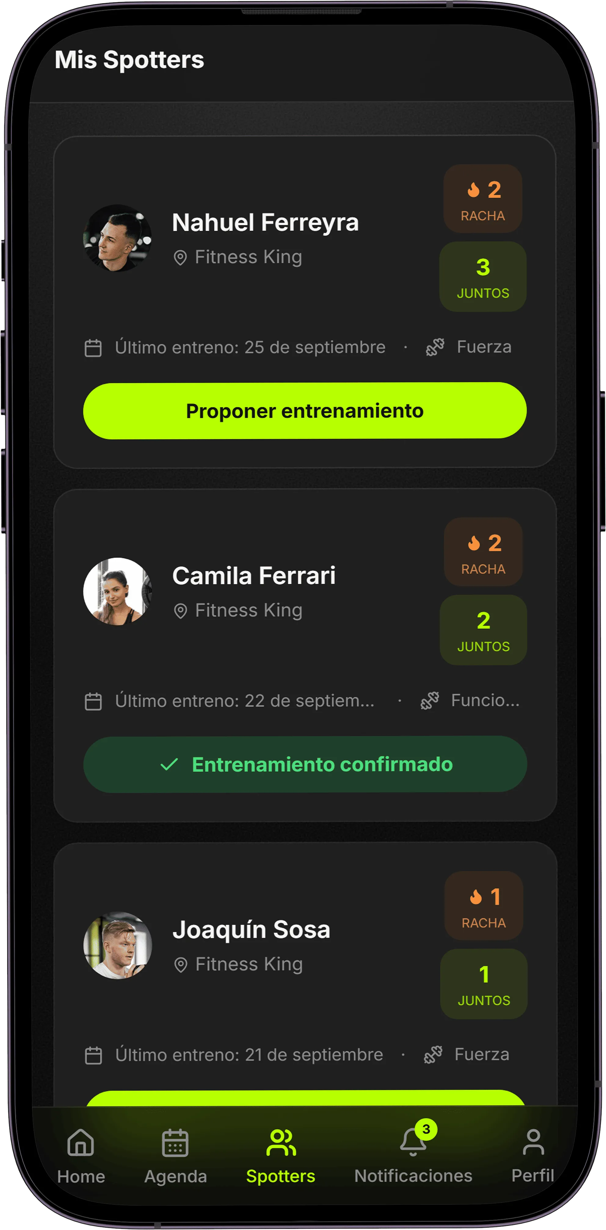 Pantalla de Spotters: la lista de personas con las que ya entrenaste
